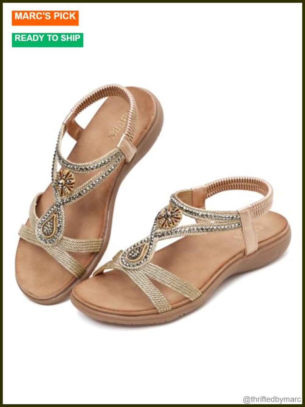 Rhinestone Flat Sandals Women Boho T-Strap Comfortable Cushion Non-Slip